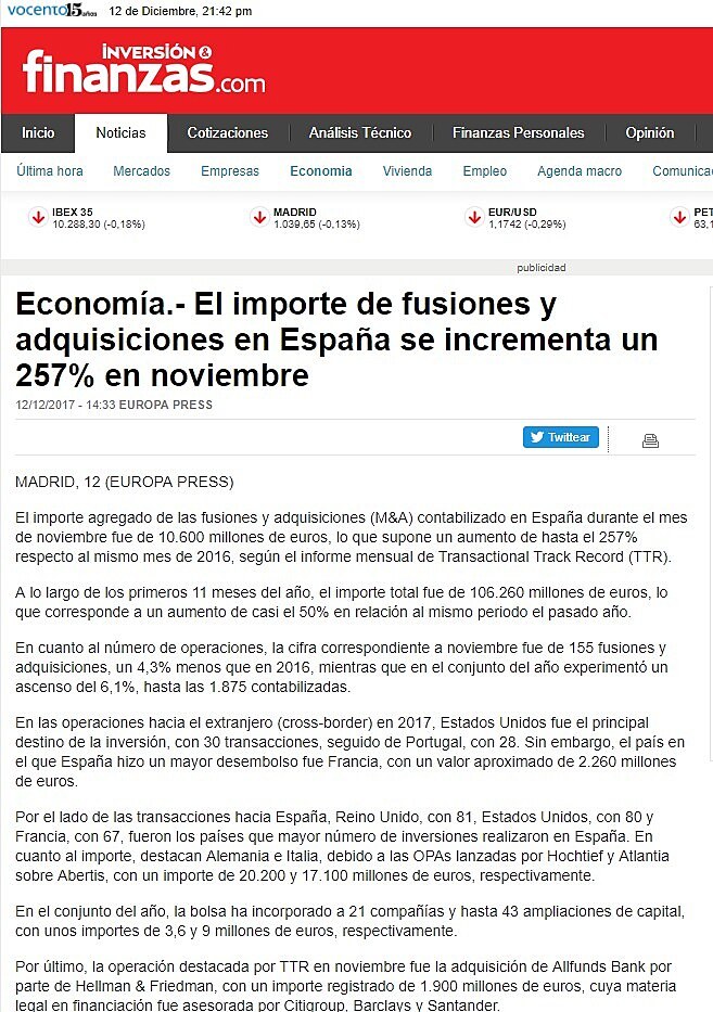 El importe de fusiones y adquisiciones en Espaa se incrementa un 257% en noviembre